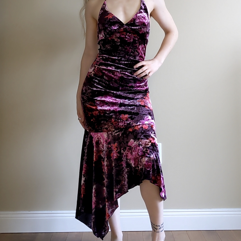 'Le Chateau' Velvet Floral Halter Dress